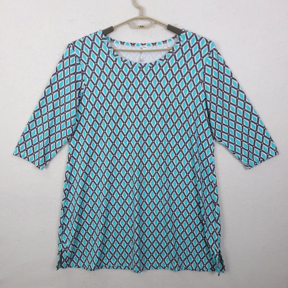 Lulu-B Top Geometric Diamond Print Tunic Womens 1X Turquoise 3/4 Sleeve Stretch